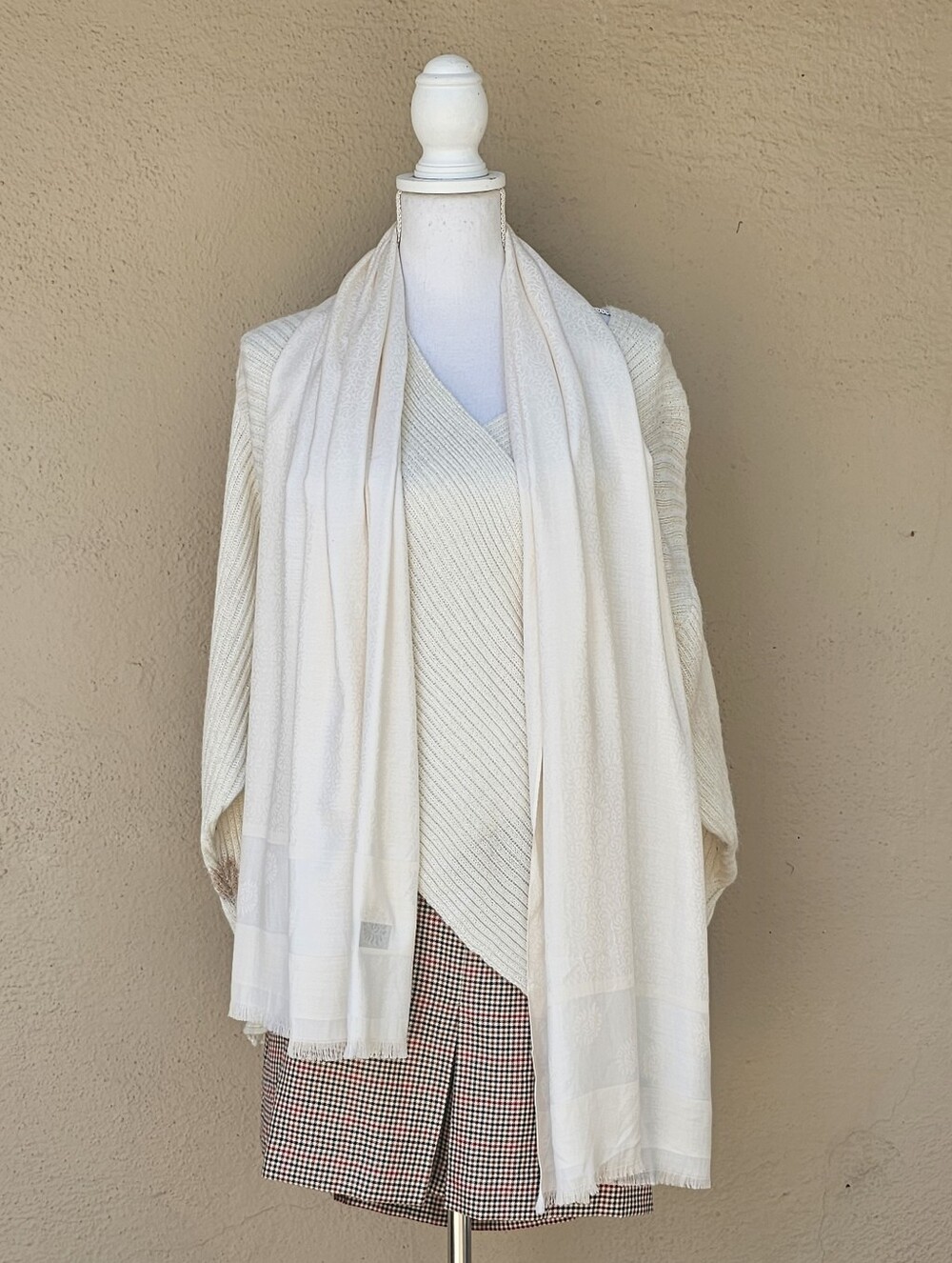 Ivory Floral Silk Scarf W/ A Frayed Hem Detail